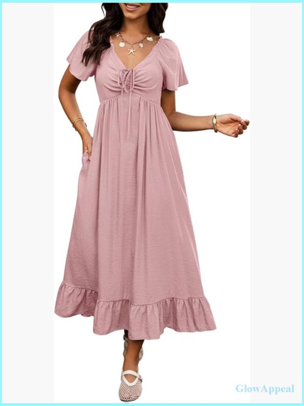 V Neck Short Sleeve Maxi Dress with Pockets Boho Beach Wedding Guest